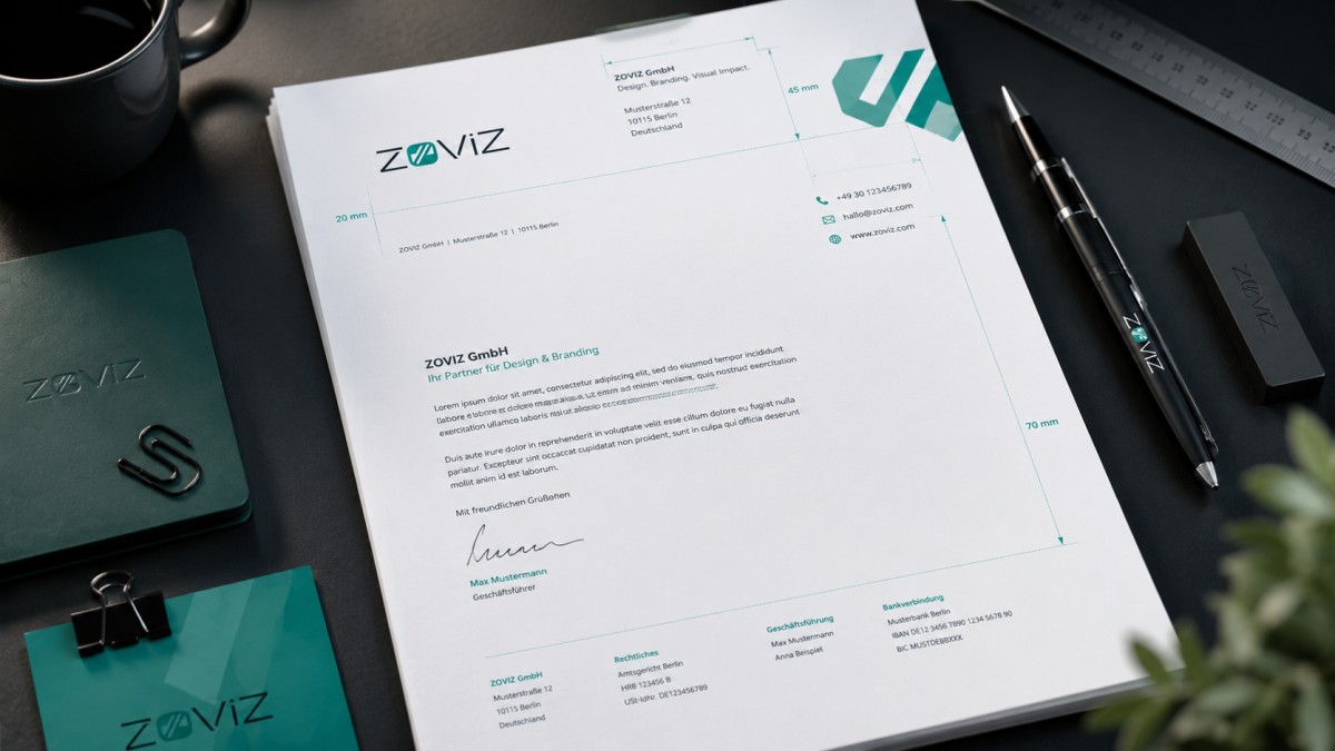Professioneller Zoviz-Briefkopf mit Firmen- und Kontaktdaten sowie markierten Abständen für eine präzise, DIN-konforme Gestaltung.