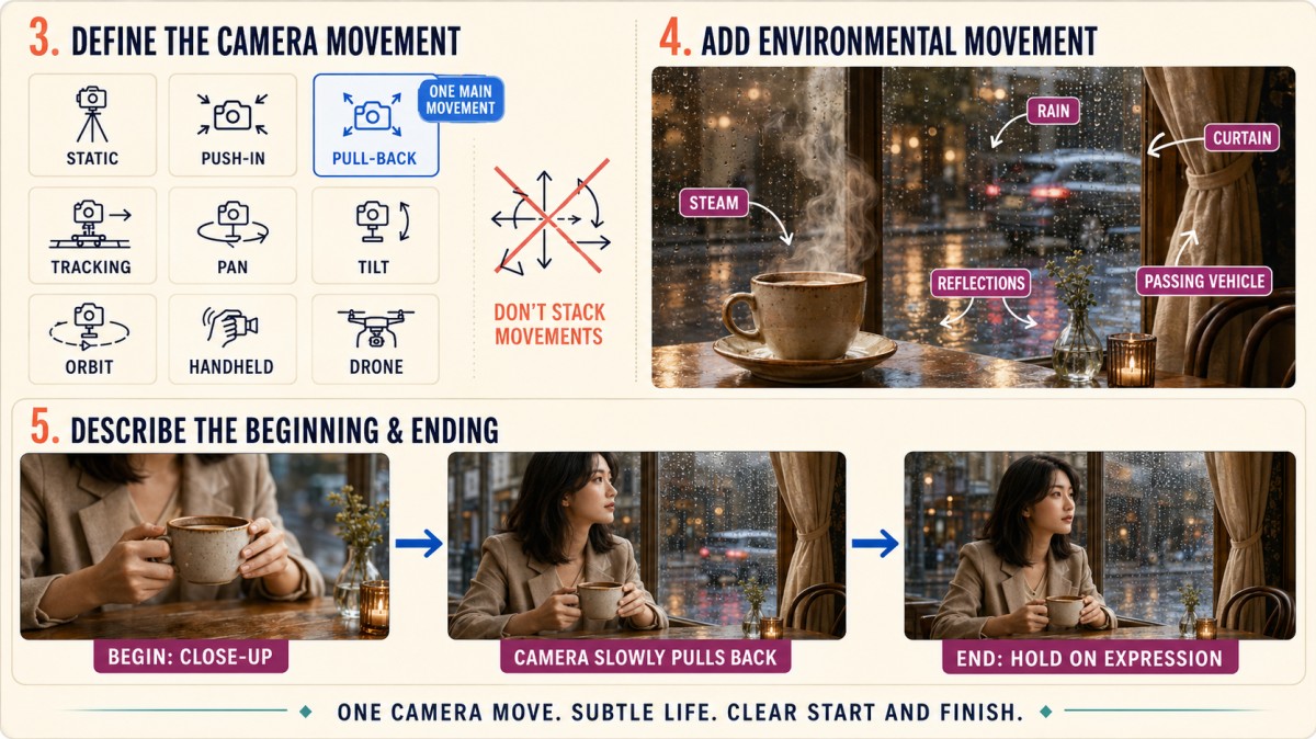 AI video prompt guide showing camera movement options, subtle environmental motion, and a clear beginning-to-ending shot structure.