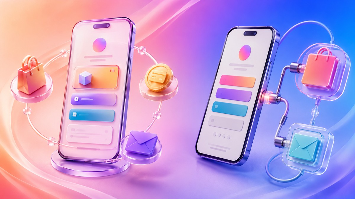 3D illustration comparing built-in link-in-bio monetization with a phone connected to separate external store and email tools.