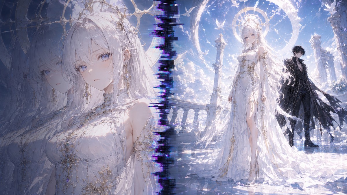 Alt: AI anime video showing a frozen close-up frame abruptly cutting to a wide celestial balcony scene.