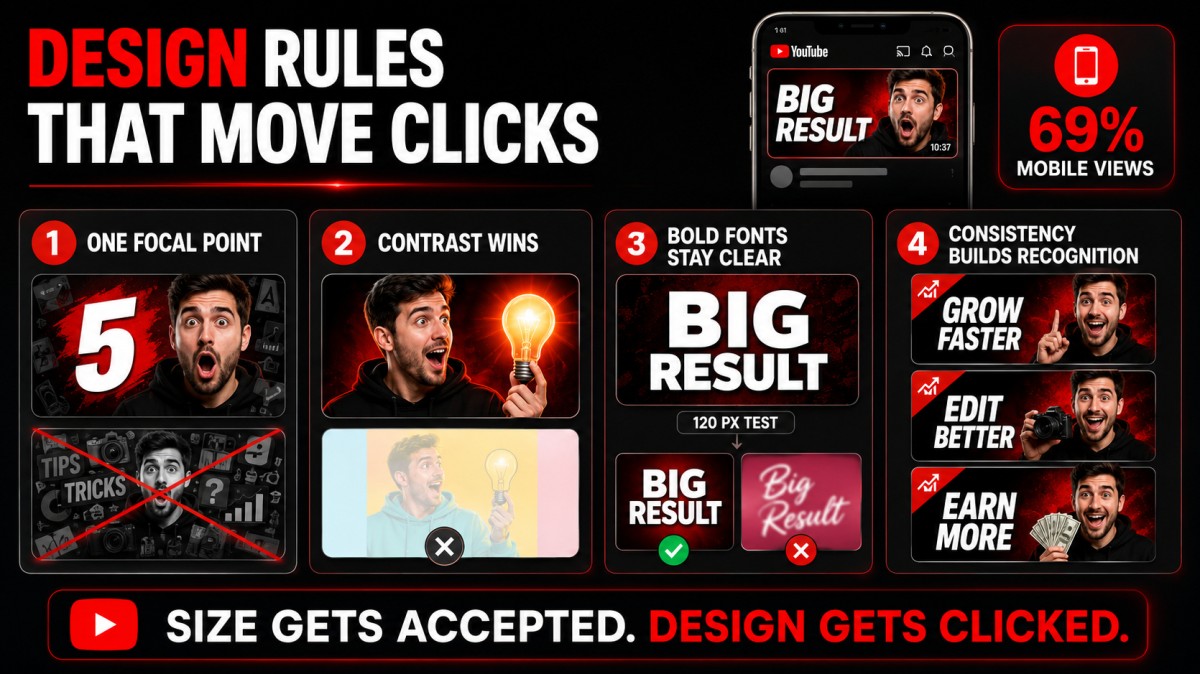 Four YouTube thumbnail design rules showing one focal point, strong contrast, readable bold fonts, and consistent branding for better mobile visibility and clicks.