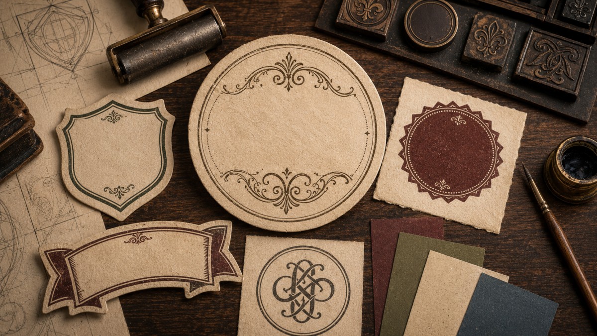 Vintage logo elements on an archival design desk
