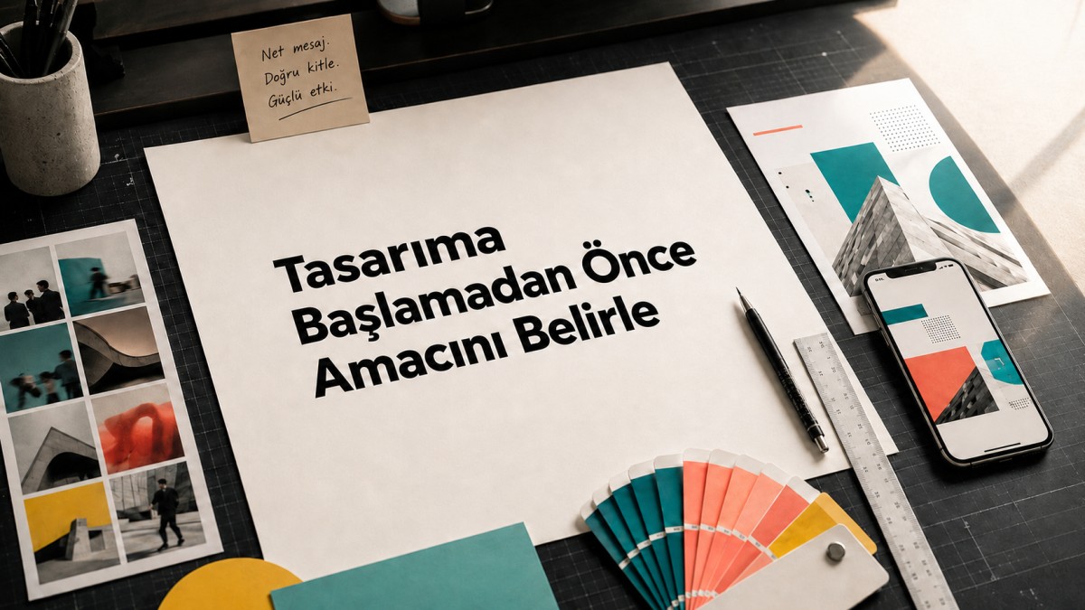 Tasarım amacını belirlemeyi gösteren yaratıcı çalışma masası.