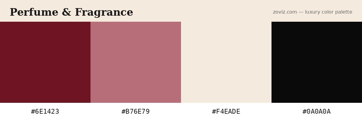 Luxury perfume and fragrance color palette — hex codes #6E1423, #B76E79, #F4EADE, #0A0A0A for niche scent houses and prestige beauty