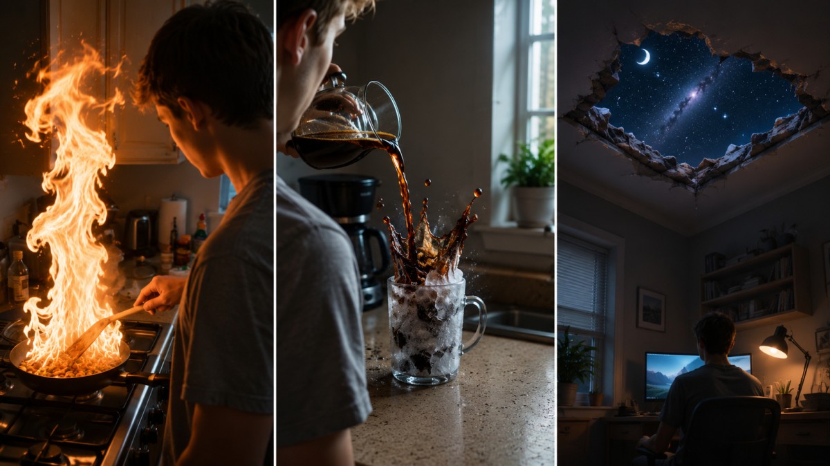 AI video hook examples showing a dramatic cooking flambé, frozen coffee, and a ceiling opening to a night sky.