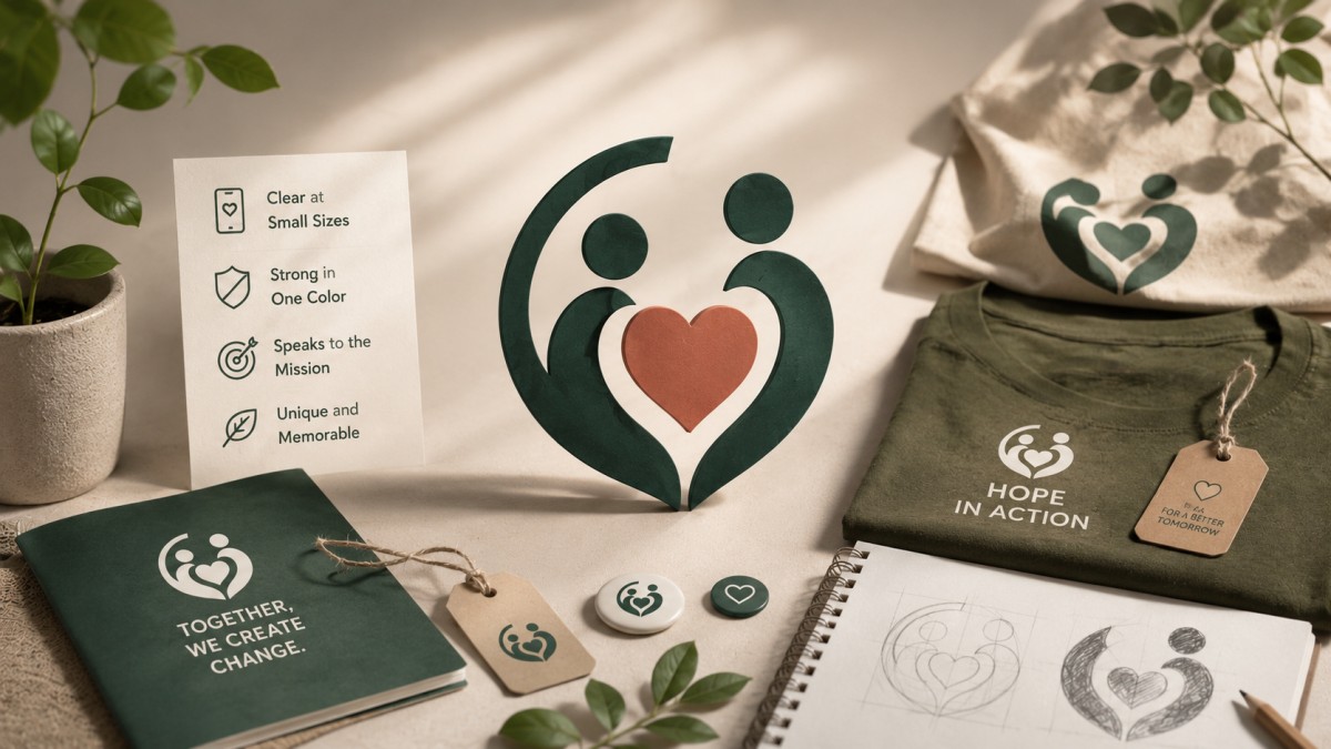 Nonprofit logo displayed across branded materials, showing how a strong charity logo stays clear, recognizable, and consistent across different sizes and applications.