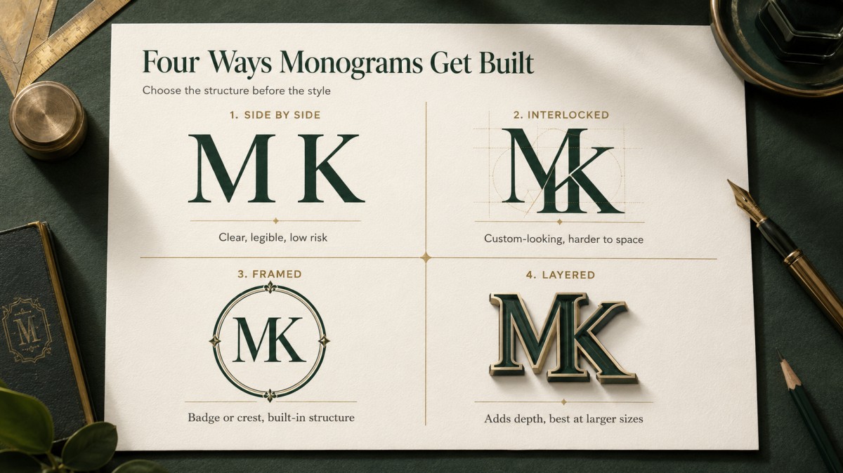 Four monogram logo constructions using the same initials: side-by-side, interlocked, framed, and layered designs