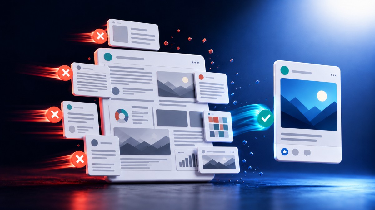 Text-heavy social media graphics being scrolled past beside a clean, focused Facebook post design.