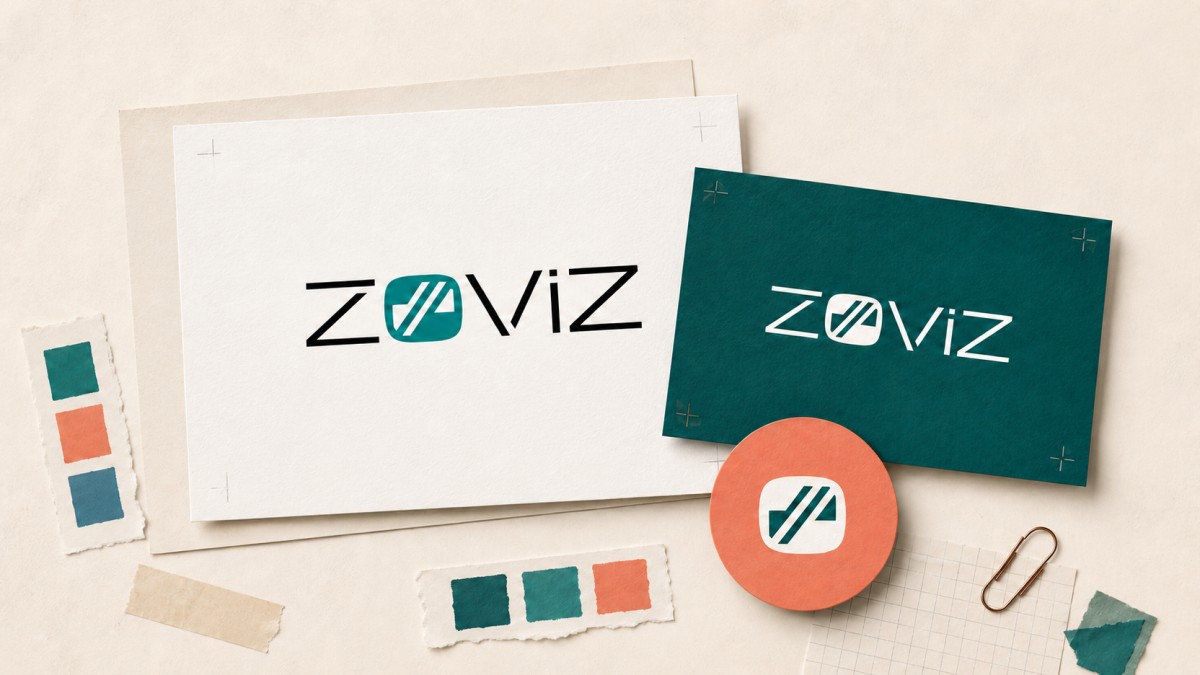  Zoviz logo variations displayed across an elegant brand board with white, teal, and coral background treatments.