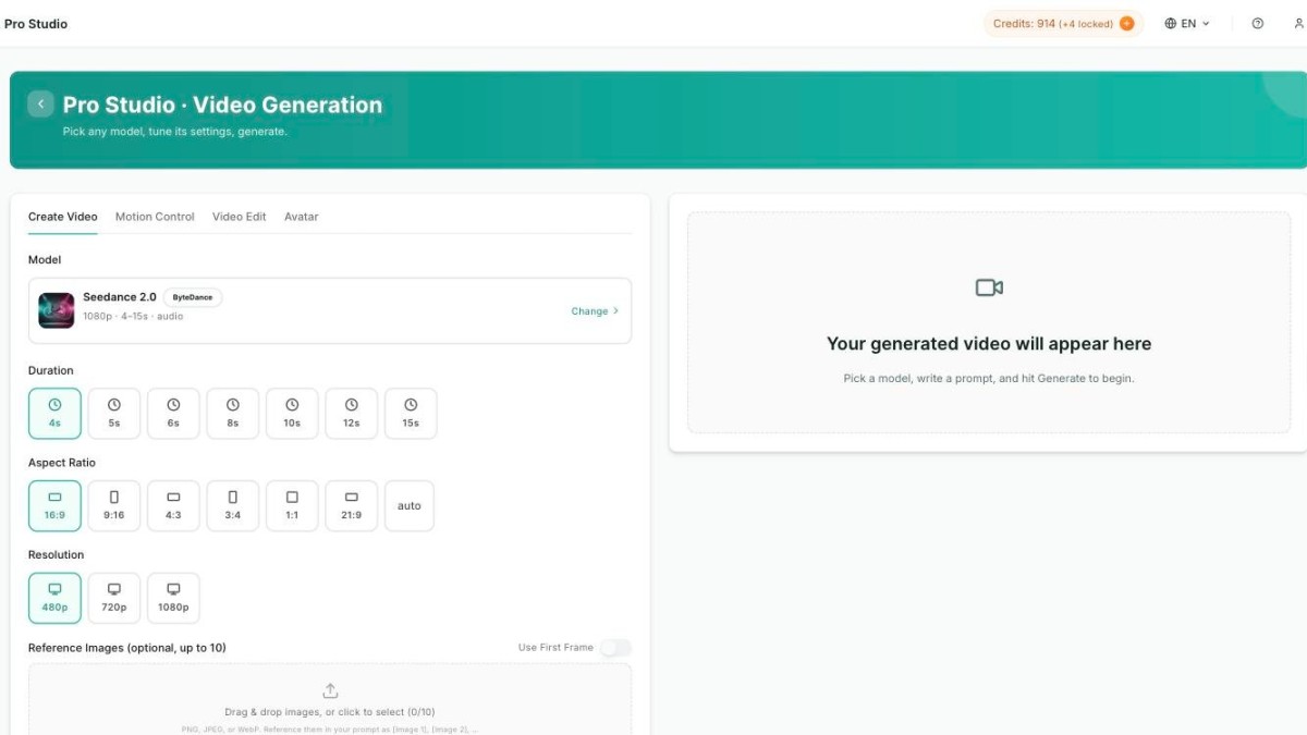 Pro Studio: duration, aspect ratio, resolution, reference images, reference audio, prompt
