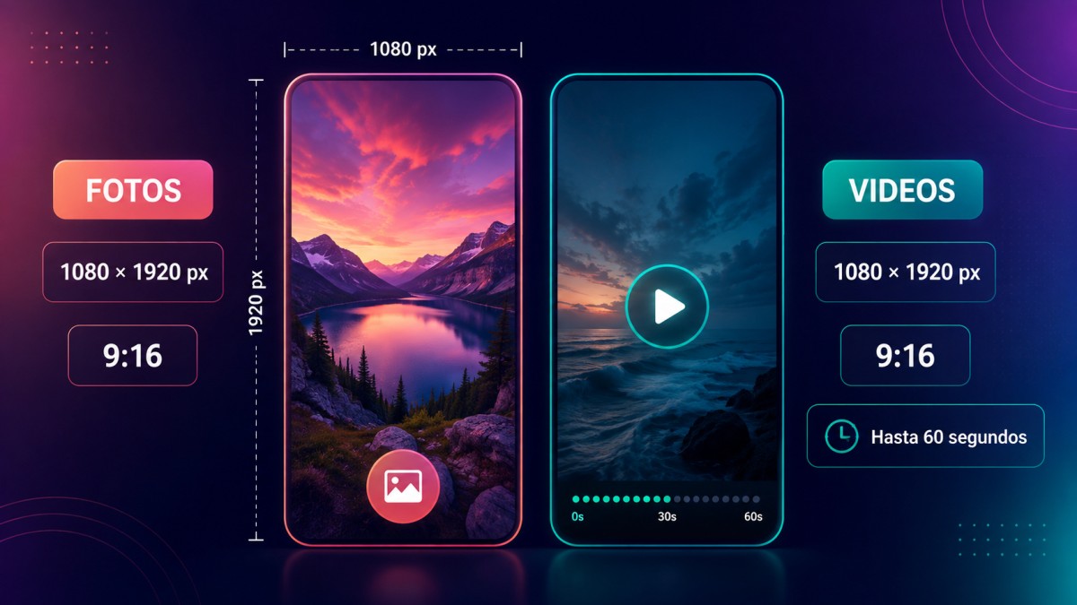 Comparación del formato recomendado para fotos y videos de Instagram Stories: 1080 × 1920 píxeles, proporción 9:16 y videos de hasta 60 segundos.