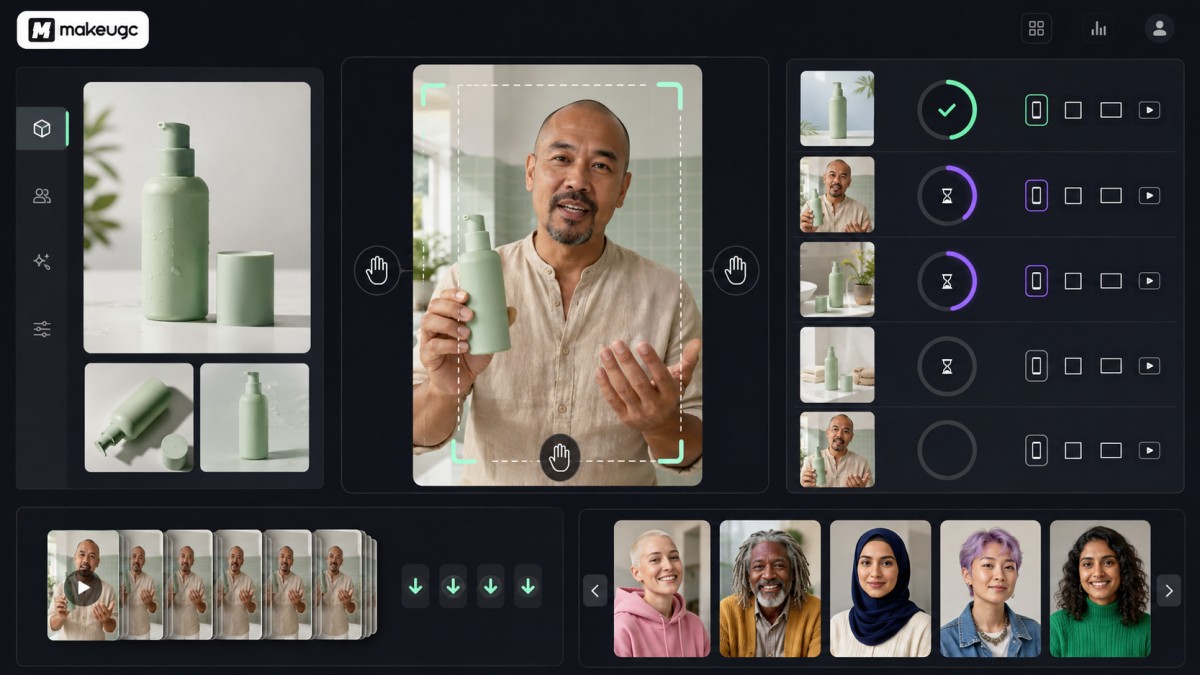 MakeUGC interface showing product-in-hand AI video creation, multiple ecommerce creators, and a high-volume rendering queue.