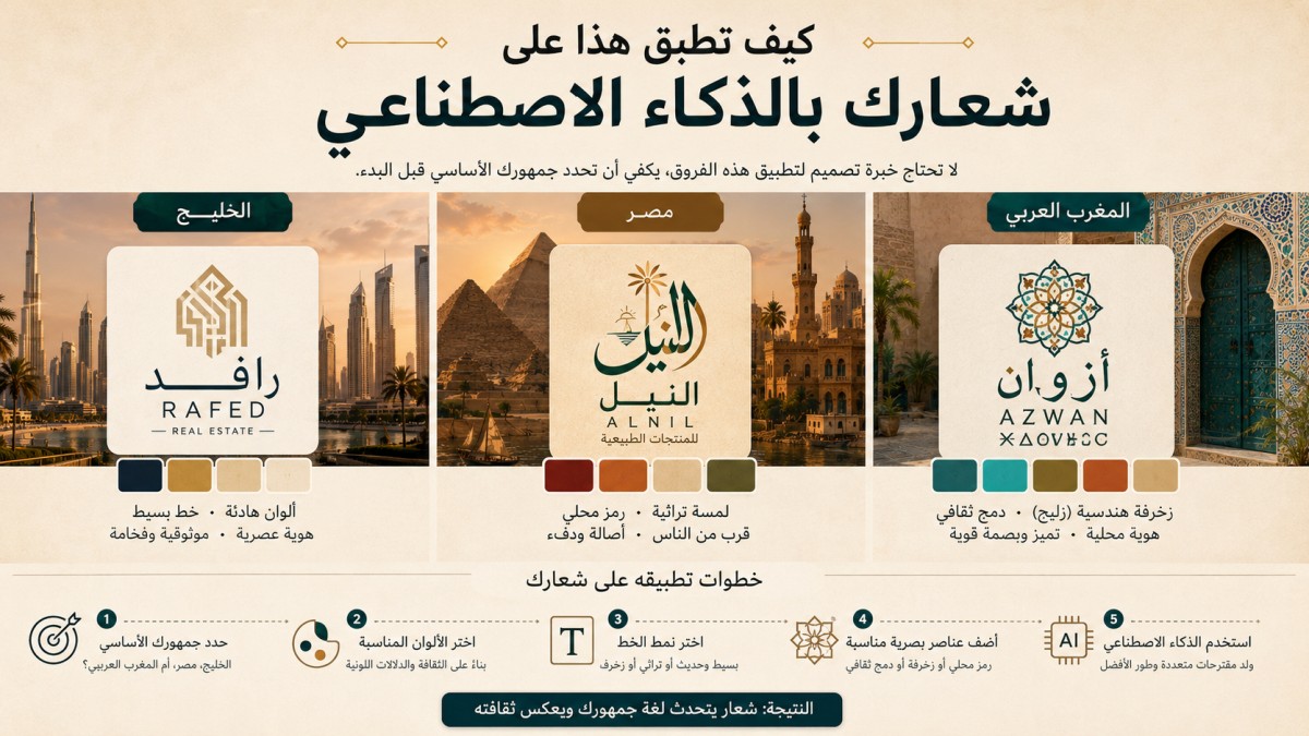 تطبيق اختلافات التصميم على الشعارات بالذكاء الاصطناعي وفقًا لجمهور الخليج ومصر والمغرب العربي، من خلال اختيار الألوان والخطوط والعناصر البصرية المناسبة لكل سوق.