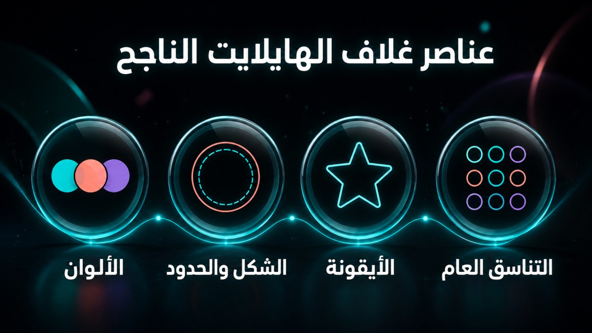 أربعة أغلفة هايلايت زجاجية متناسقة تمثل الألوان والشكل والأيقونة والتناسق العام، متصلة بخط مضيء أمام واجهة حساب داكنة.