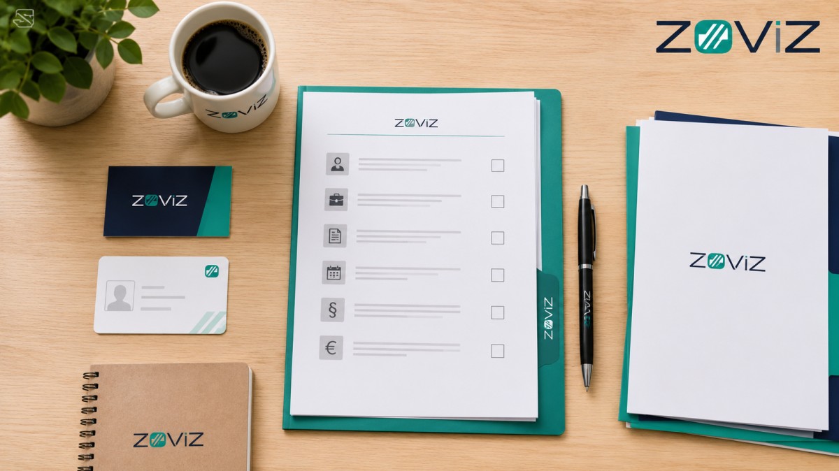 Übersichtliche Unterlagen für die Gewerbeanmeldung mit Formular, Ausweis, Dokumentenmappe und Zoviz-Branding auf einem Schreibtisch.
