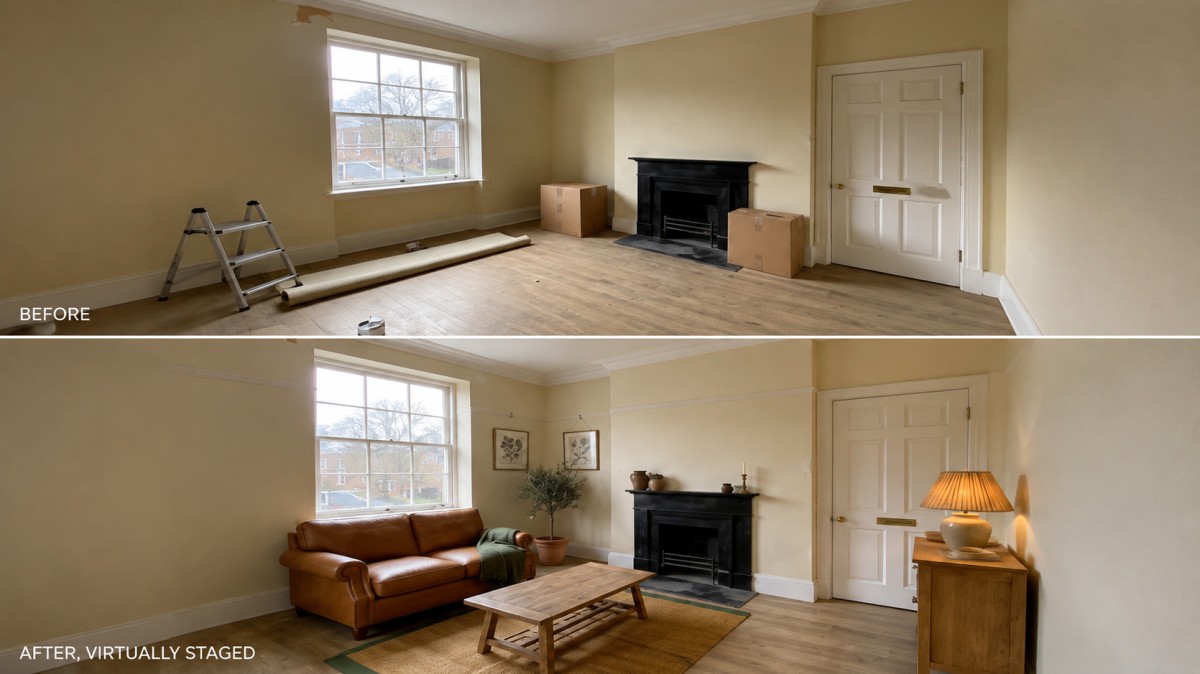 plit view of a living room transformation showing an empty room before staging and a furnished room with a leather sofa, coffee table, rug, fireplace, plants, and lamp.