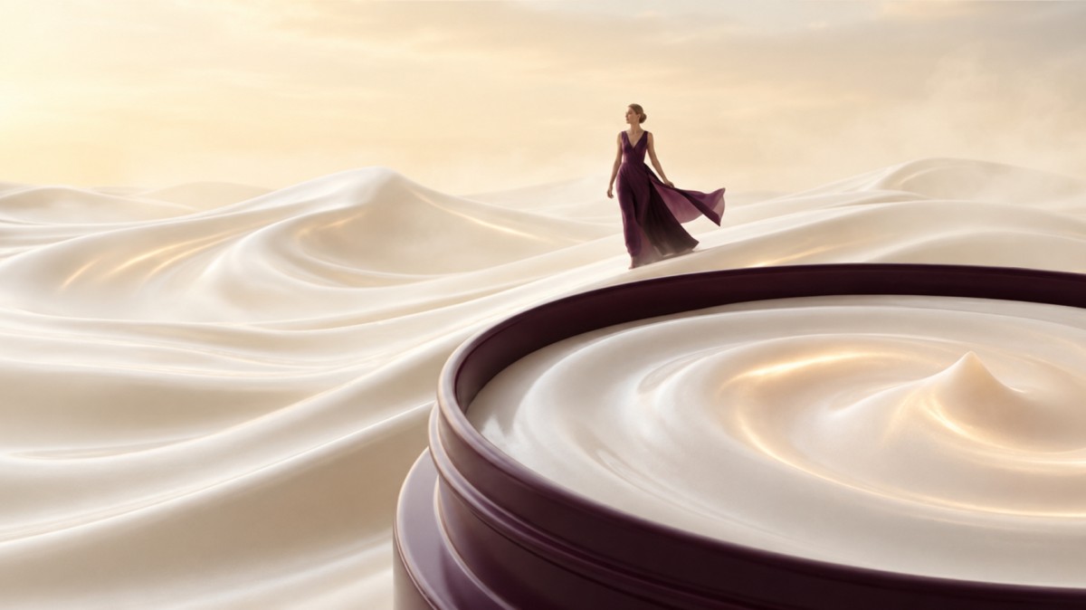 A woman in a flowing plum dress walks across silky cream dunes beside an oversized Lumelle cosmetic jar.