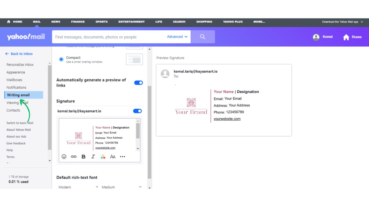 go to writing email section in yahoo