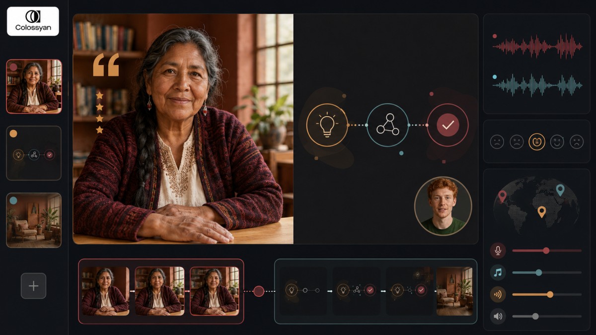 Colossyan interface combining an AI testimonial video, visual explainer workflow, and regional voice controls.