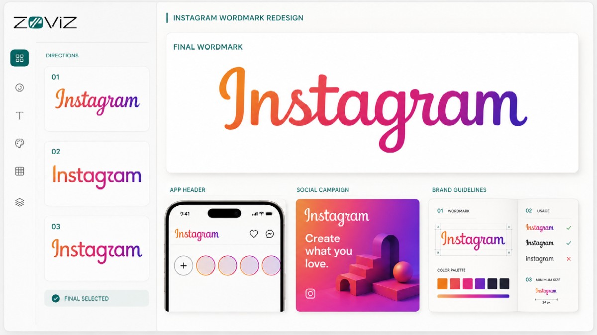 Four hypothetical Instagram wordmark directions created with Zoviz, comparing script, sans serif, hybrid and responsive logo designs. 