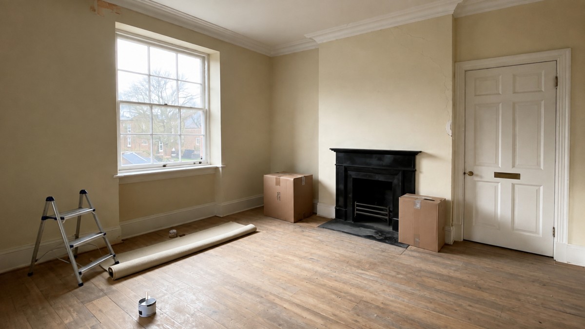 Unfurnished living room with fireplace, window, wooden floors, and renovation items before virtual staging transformation