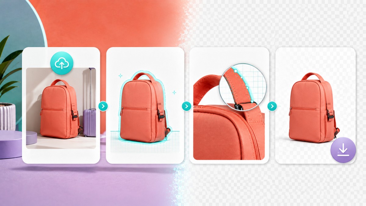 Proceso para eliminar el fondo de una mochila y descargarla como imagen transparente con bordes precisos.