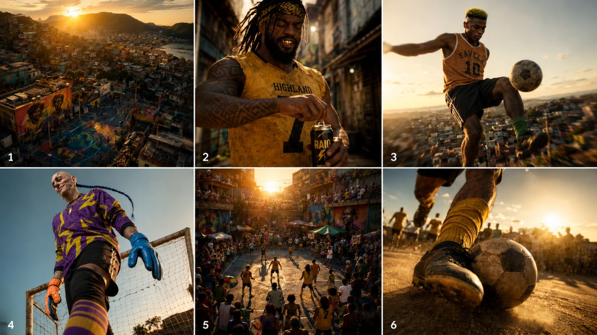 Six-panel cinematic storyboard showing RAIO street football scenes, characters, product placement, and golden-hour action shots.
