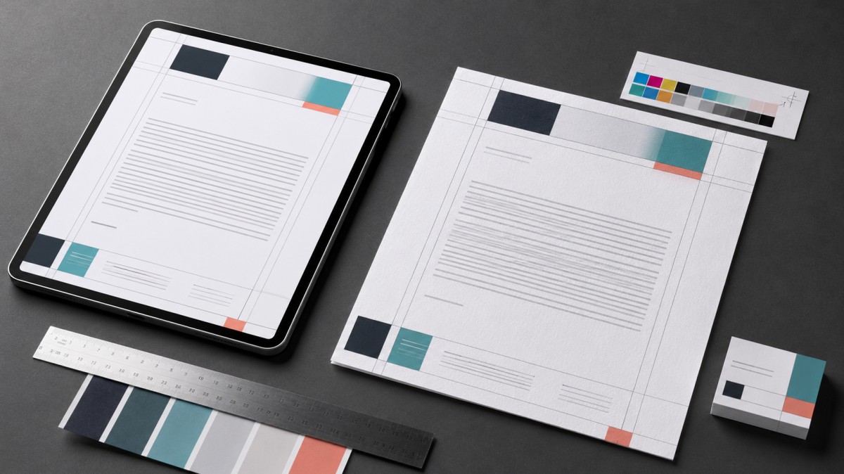 Digital and printed versions of a professional business letterhead displayed with layout guides and color proofs