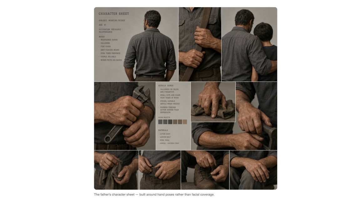 The father's character sheet — built around hand poses rather than facial coverage.