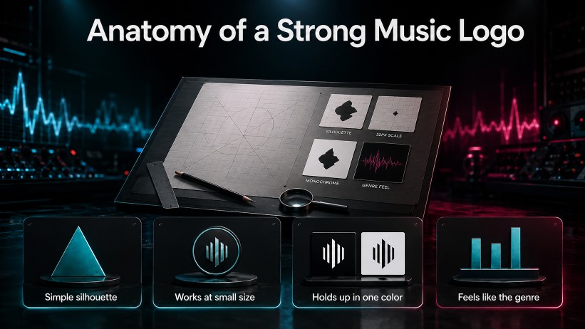 Anatomy of a strong music logo showing simplicity, small-size legibility, one-color use, and genre relevance