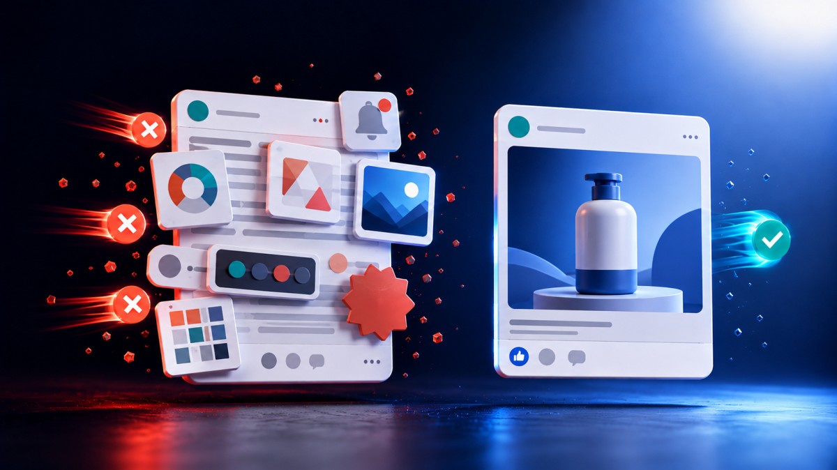 A cluttered social media post with competing elements beside a clean design focused on one clear product.