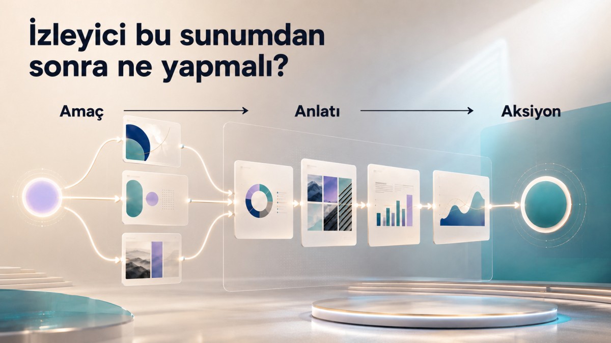 Sunum amacının anlatıya ve izleyiciden beklenen aksiyona dönüşmesini gösteren planlama akışı