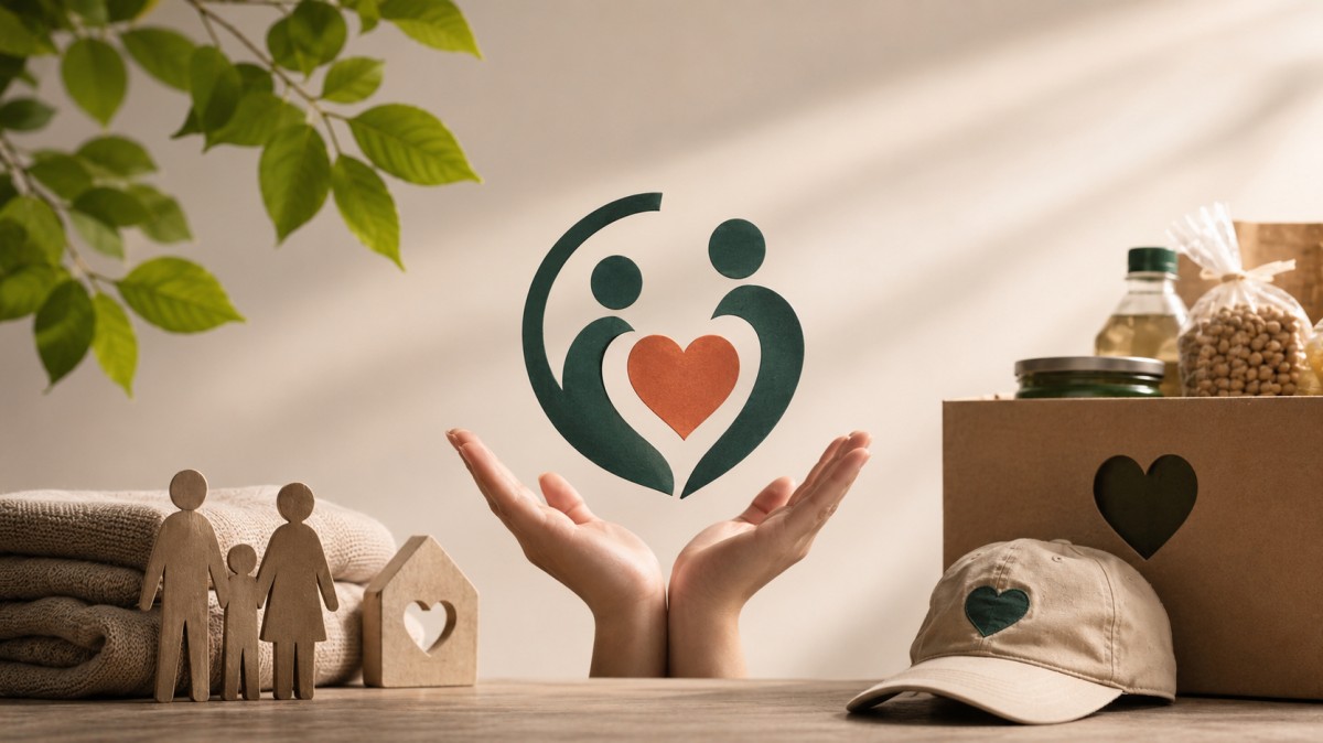 Hands holding a simple nonprofit heart logo, surrounded by donation supplies, family symbols, and branded charity items, illustrating the qualities of a strong nonprofit logo.