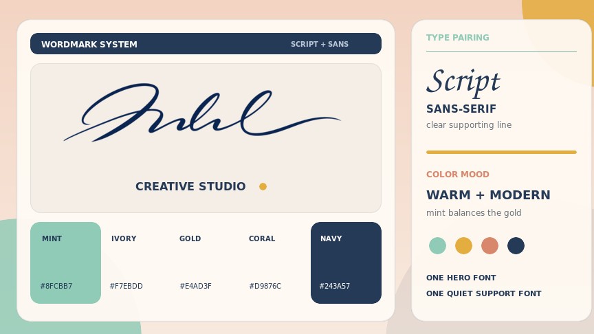 Complete script wordmark system showing a sans-serif tagline, warm color palette, and clear font-pairing hierarchy.