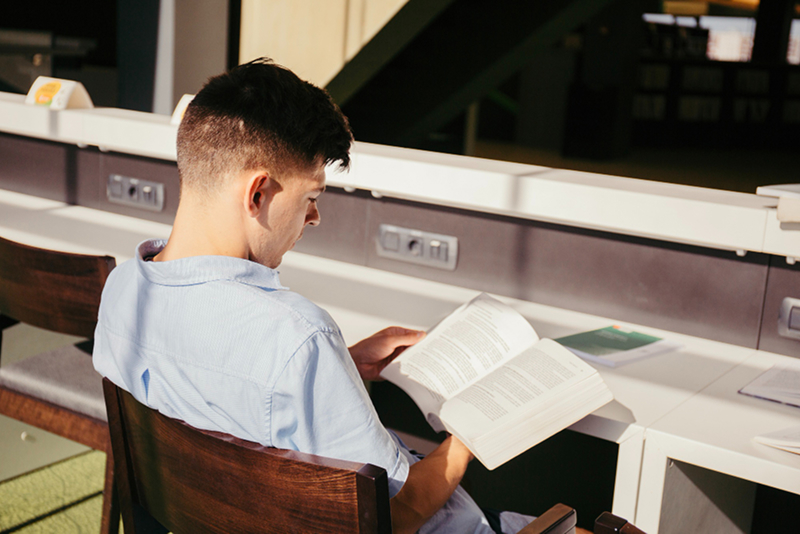 Student reading textbook library study desk morning light