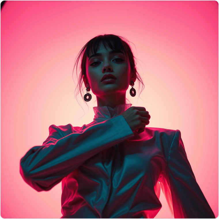 AI generated fashion portrait of woman with neon lighting in editorial style