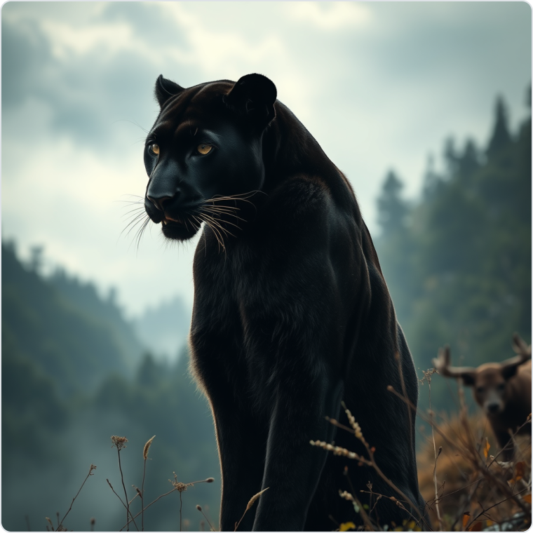 AI generated black panther portrait in mountain forest wildlife scene