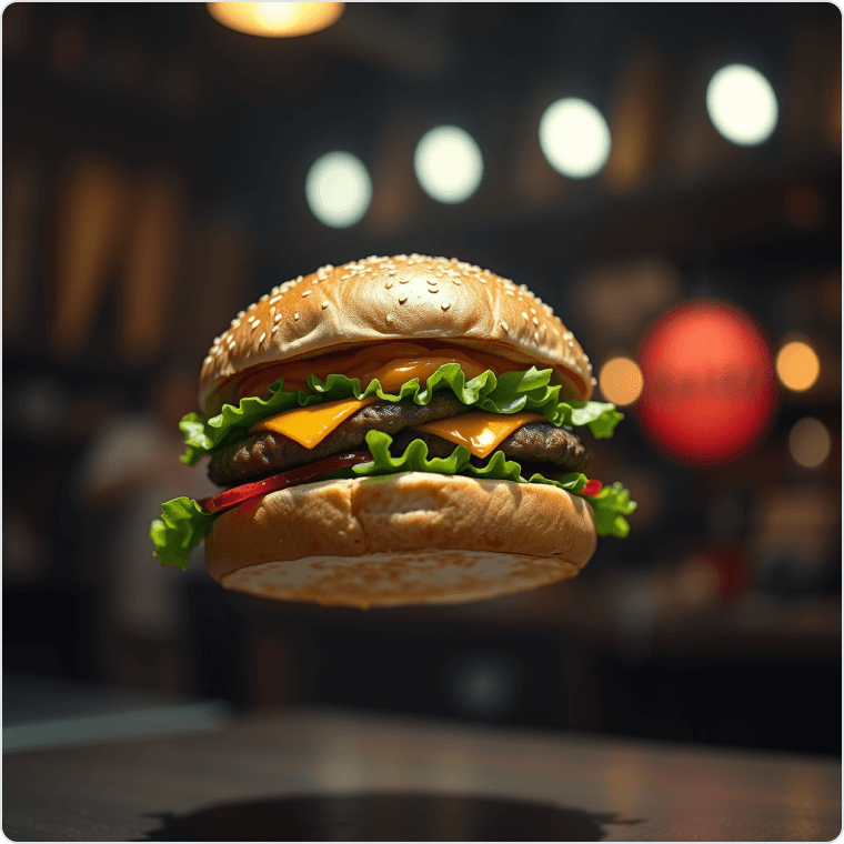 AI generated floating cheeseburger with photorealistic 3D food photography
