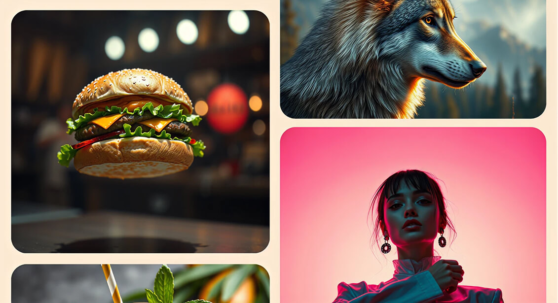 AI generated food portrait wolf fashion drink collage
