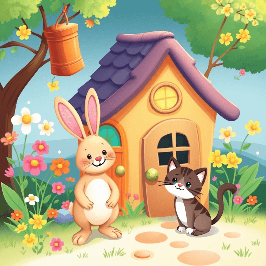 AI generated storybook style illustration of rabbit and kitten in a house