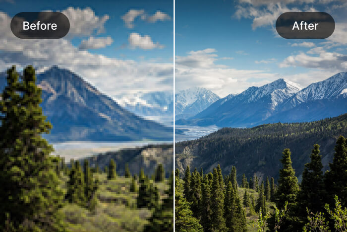 Mountain landscape before and after AI upscaling, showing enhanced clarity and sharpness in trees and snow-covered peaks