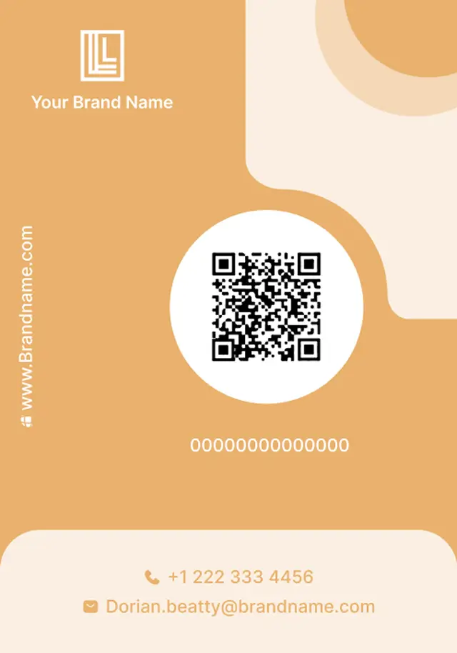Template kartu identitas berwarna oranye bergaya korporat yang menampilkan kode QR dan detail kontak, dirancang melalui generator kartu ID gratis