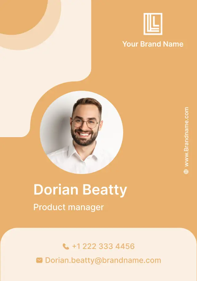 Contoh kartu identitas bisnis berwarna oranye yang menampilkan gambar profil, nama, dan info kontak, dibuat dengan perangkat lunak pembuat kartu ID