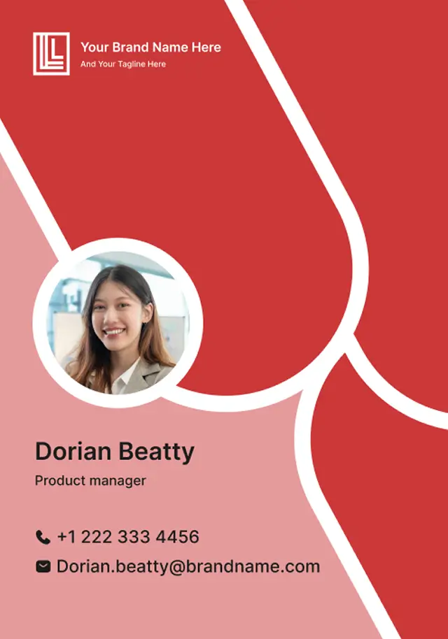Sisi depan kartu ID karyawan berwarna merah dengan foto profil dan info kontak, dibuat menggunakan template desain kartu ID yang dapat dicetak di Zoviz