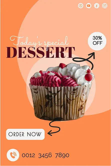 Plantilla de póster para negocios de alimentos con imagen de cupcake promocionando la oferta especial de hoy con un 30% de descuento