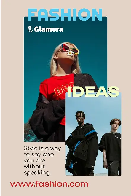 Cartel de ideas de moda con modelos en atuendos de tendencia para la marca de ropa Glamora