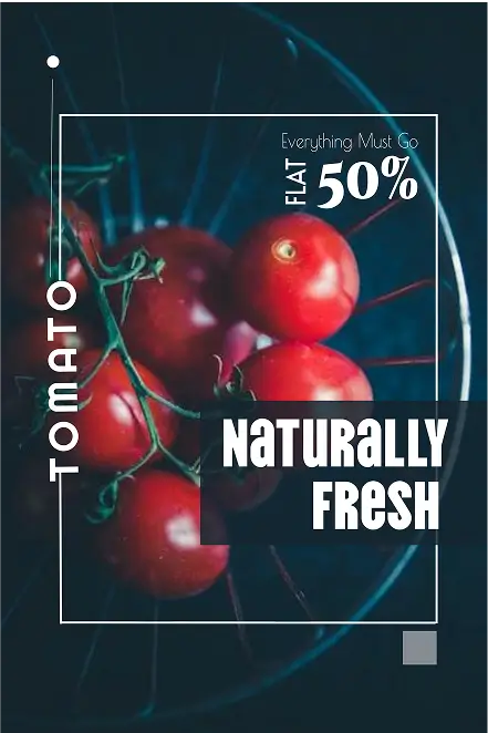 Póster de venta de tomates frescos con un 50% de descuento, promoviendo productos naturales y orgánicos