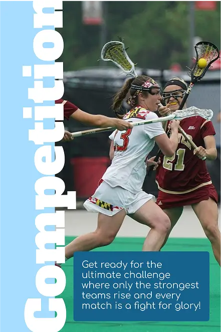 Póster de competencia deportiva con jugadoras de lacrosse en acción