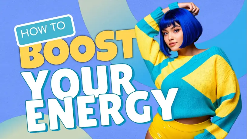 Colorful YouTube thumbnail design with woman in blue wig and yellow sweater