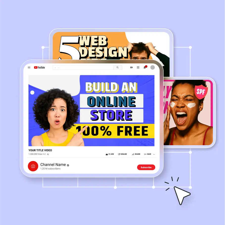 Custom YouTube thumbnail creator showing editable design with text, colors, and images for online store video